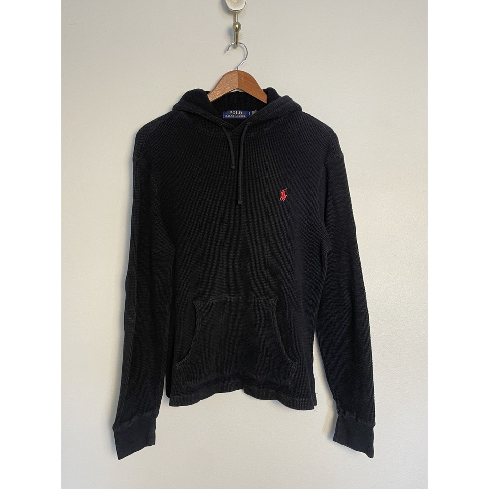 Polo Ralph Lauren Faded Black Waffle Knit‎ Hoodie. Youth Large. Pony Logo.